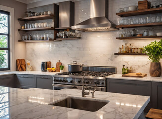 A modern kitchen with open shelving, marble countertops, and a subway tile backsplash.