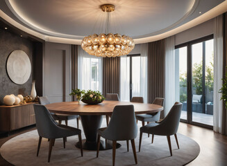 A modern dining area with a round table, upholstered chairs, and a statement light fixture.