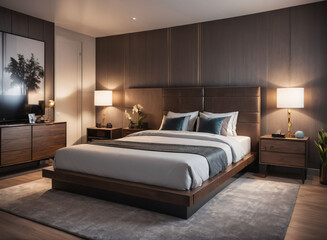 A stylish bedroom with a platform bed, accent wall with textured wallpaper, and bedside lighting.