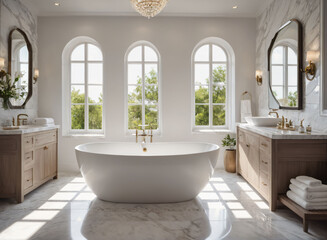 A serene bathroom with a freestanding bathtub, double vanity, and marble tile floors.