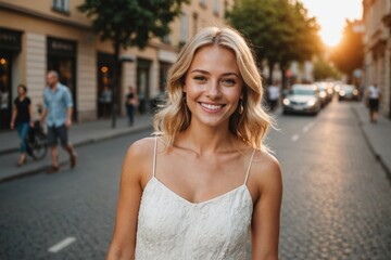 Young beautiful smiling blond woman in trendy summer white dress,posing in the street at sunset