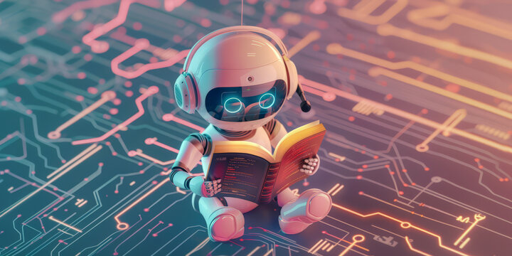 Adorable robot with headset reading a book on a vibrant digital circuit board background, symbolizing AI training and learning