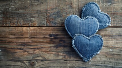 Selective focus on denim hearts over wooden background