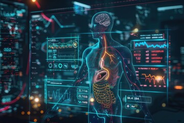 Fototapeta premium A man's body is displayed on a computer screen with a glowing stomach