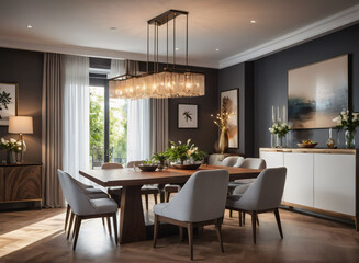 A contemporary dining room with a rectangular table, upholstered chairs, and a statement light fixture.