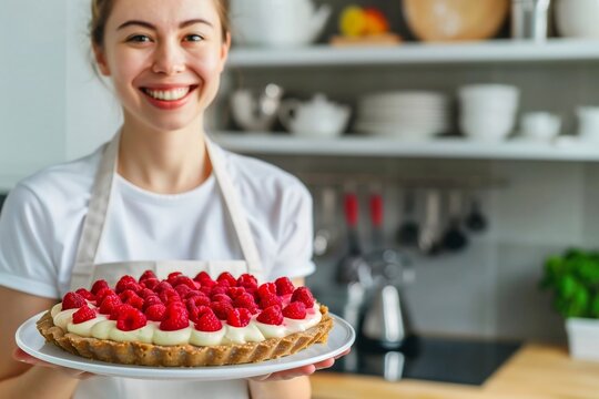 National Raspberry Cream Pie Day, young female chef holds raspberry tart in kitchen, copy space - Powered by Adobe