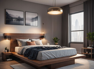A minimalist bedroom with a platform bed, bedside tables, and pendant lights.