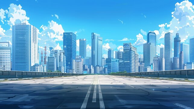 An asphalt road and a modern city depicted in anime style.
