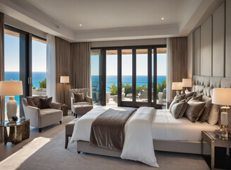 A luxurious master suite with a king-size upholstered bed, velvet armchairs, and a private terrace accessed through sliding glass doors.