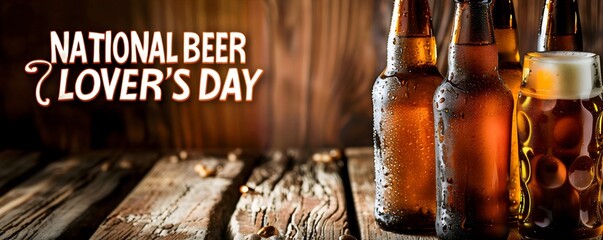 National Beer Lovers Day banner, pint glass and beer bottles on rustic wooden table