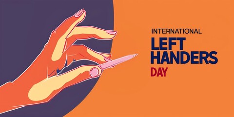 International Left Handers Day August 13, banner on purple and orange background with text, wallpaper illustration