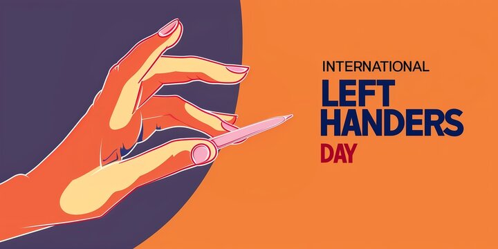 International Left Handers Day August 13, banner on purple and orange background with text, wallpaper illustration