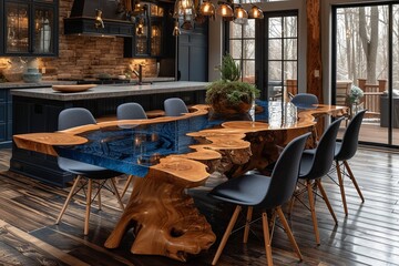 Fototapeta premium Large wooden table with epoxy resin with blue chairs. The room has a warm and inviting atmosphere