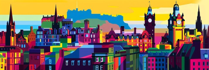 Vibrant illustration of Balmoral hotel and clock tower, Edinburgh Festival Fringe, banner