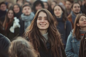 Young female leader standing in front of a smiling crowd