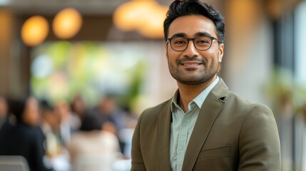 Fototapeta premium Dapper South Asian CEO in a sharp olive green suit