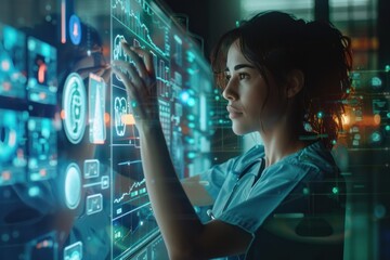 A woman is looking at a computer screen with a lot of numbers and symbols