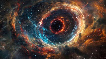 Fototapeta premium Black Hole Accretion Disks, A stunning, ultra-realistic photographic image of a colorful, swirling black hole in space, with vibrant reds, oranges, and blues, set against a backdro