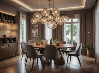 A modern dining area with a round table, upholstered chairs, and a cluster of globe pendant lights above for ambient lighting.