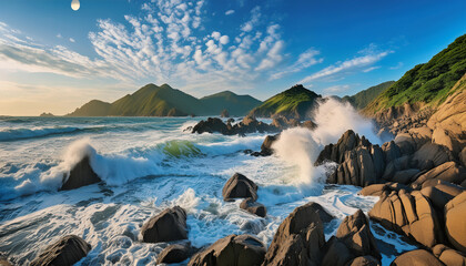 Waves crashing against the rocks, Waves Crashing White on Rocks,blue sea waves,푸른 바다 파도(Blue sea waves, Ocean waves of blue)
