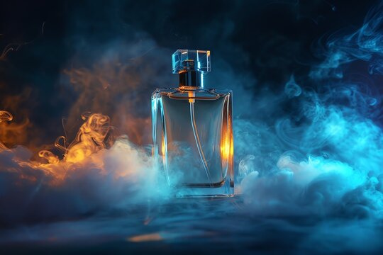 A sleek perfume bottle shrouded in swirling