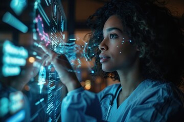 A woman is looking at a computer screen with a lot of data on it