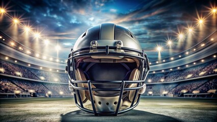 Dramatic close up of empty football helmet on blurred stadium background highlighting intense athletic equipment with precise sporty details.