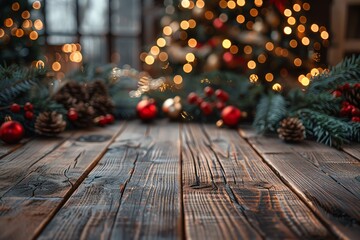 Empty wooden table with christmas theme in background