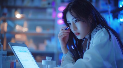 A young Asian female scientist analyzing data on a tablet and sitting on a laboratory floor