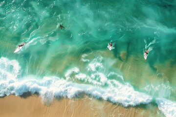 A group of surfers are riding waves in the ocean