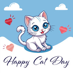 Cute white cat with beautiful blue eyes. International cat day. Cartoon character in flat style. Vector illustration