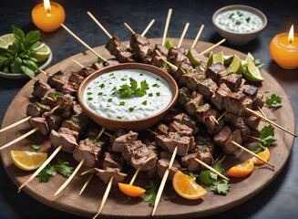 A platter of Mediterranean-style grilled lamb skewers with tzatziki sauce.