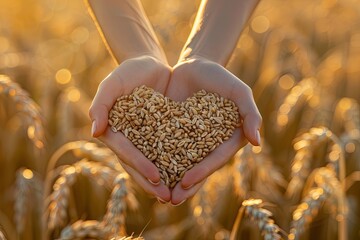 Woman's hands form a heart shape filled with wheat grains