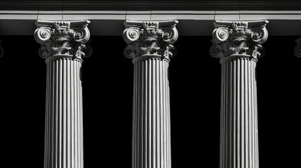 Three classical black white Greek columns row pillar column marble architecture courthouse building government strong strength colonnade justice style culture library built structure classic.