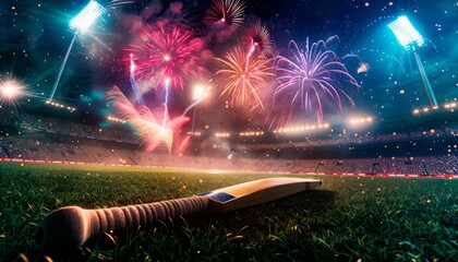 Cricket Bat on Stadium Field with Fireworks