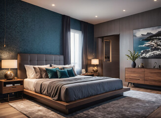 A contemporary bedroom with a platform bed and accent wall with textured wallpaper.