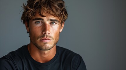 Fototapeta premium Young Man With Wavy Brown Hair Posing Against A Gray Background