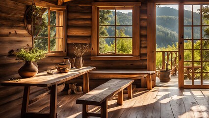 Wooden cabin interior with large windows overlooking a forest.