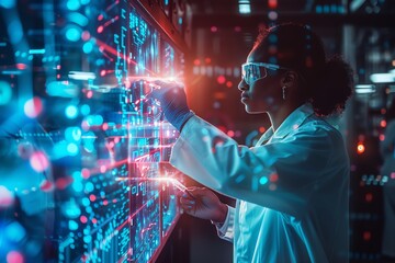 A diverse team of scientists in lab coats, collaborating around a futuristic holographic display of molecular structures in a stateoftheart laboratory