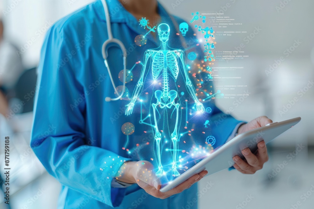 Wall mural A woman in a blue lab coat is holding a tablet displaying a skeleton