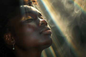 a black woman looking up with a ray of light shining down on her