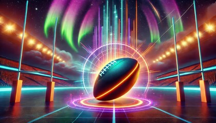 Neon rugby ball on a stadium field with dynamic red and blue lighting effects at night, symbolizing energy and motion.