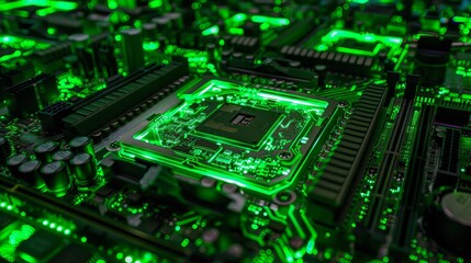 Obraz premium Green Circuit Board - A close-up image of a green circuit board with glowing lines, showcasing the intricate details of modern technology. - A close-up image of a green circuit board with glowing line