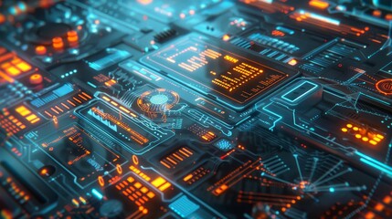 Obraz premium Futuristic Circuitry: A Digital Network Visualization - A close-up rendering of a futuristic digital network with glowing blue and orange circuits, emphasizing the intricate details of modern technolo
