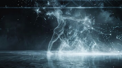 Abstract Digital Art: A Crystalline Figure - A crystalline figure emerges from a digital network of lines, reflecting the futuristic and abstract theme of the artwork. - A crystalline figure emerges f