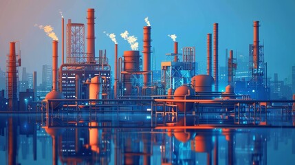 Obraz premium Industrial Complex at Dusk - An industrial complex with smokestacks emitting smoke at dusk. - An industrial complex with smokestacks emitting smoke at dusk.