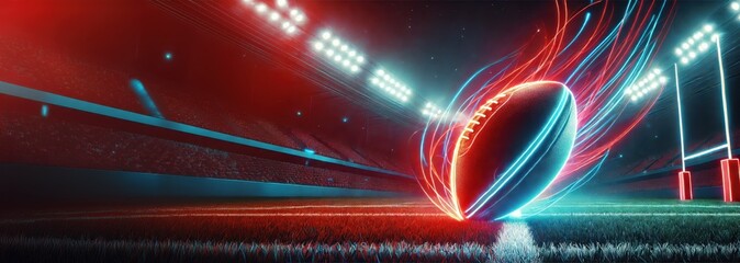 Neon rugby ball on a stadium field with dynamic red and blue lighting effects at night, symbolizing energy and motion.
