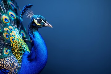 A majestic peacock displaying its colorful feathers against a deep royal blue backdrop, with room for text on the right © Chanagun