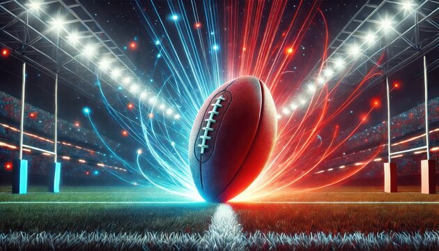 Neon rugby ball on a stadium field with dynamic red and blue lighting effects at night, symbolizing energy and motion. - Powered by Adobe
