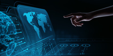 Hand touching global Digital World Map on virtual screen. Business, Technology, communication, and internet concept